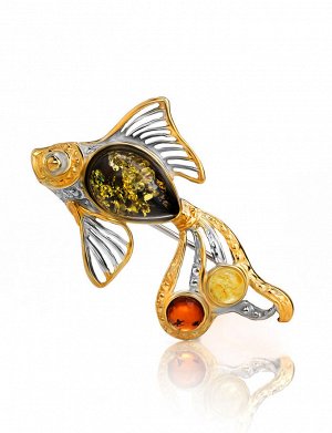 Красивая позолоченная брошь с янтарём разных цветов «Рыбка», 907912090