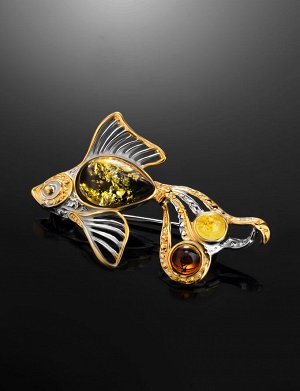 Красивая позолоченная брошь с янтарём разных цветов «Рыбка», 907912090