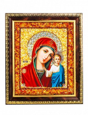 Небольшая икона Казанской Божией матери, украшенная натуральным янтарём