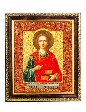 Небольшая икона, украшенная натуральным балтийским янтарём «Святой целитель Пантелеймон»