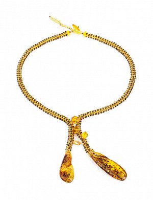 Стильное колье-галстук из бисера и натурального янтаря «Лукоморье», 906105636