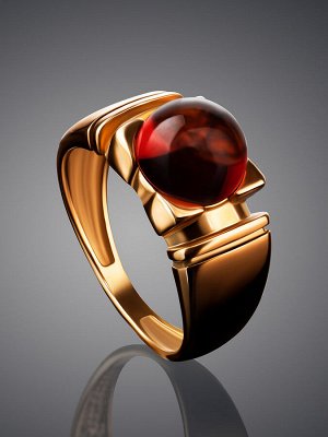 Стильное золотое кольцо с вставкой из натурального коньячного янтаря «Рондо», 6062201173