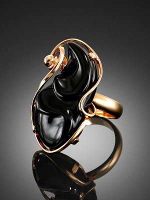 Уникальное кольцо с чёрным ониксом в позолоченном серебре  «Серенада», 010806037