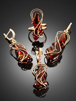Роскошные серьги из позолоченного серебра с натуральным янтарём коньячного цвета «Риальто», 010102262