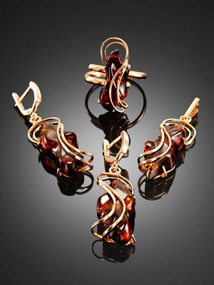 Серьги «Риальто» с натуральным коньячным янтарём в позолоченном серебре, 010102214