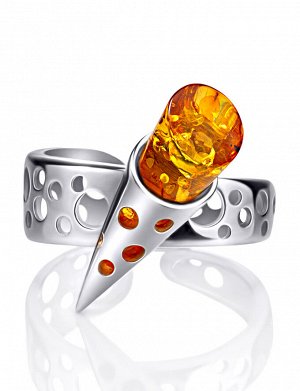 Оригинальное серебряное кольцо с натуральным коньячным янтарём «Женева», 006308013