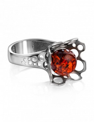 Необычное кольцо из серебра с перфорацией и янтаря «Женева»