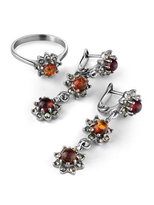 Изящное серебряное кольцо «Эйфория» с миниатюрными янтарными и марказитовыми вставками