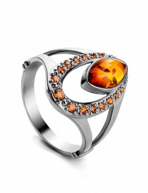 Нарядное серебряное кольцо «Ренессанс» с коньячным янтарём и фианитами, 006304276