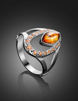 Нарядное серебряное кольцо «Ренессанс» с коньячным янтарём и фианитами, 006304276
