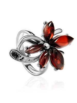 Серебряное кольцо с янтарными вставками вишневого цвета «Барбарис»