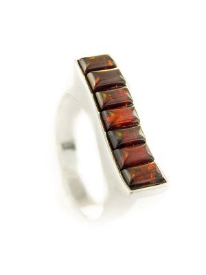 Серебряное кольцо с прямоугольными вставками вишневого янтаря «Мозаика», 506311241