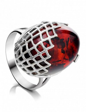 Яркое серебряное кольцо с янтарём вишнёвого цвета «Паутинка», 806311356