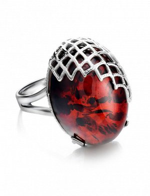 Яркое серебряное кольцо с янтарём вишнёвого цвета «Паутинка», 806311356