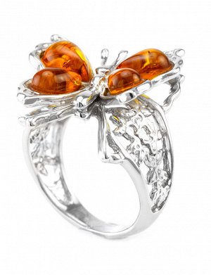 Нарядное ажурное серебряное кольцо с натуральным коньячным янтарём «Апрель», 606306092