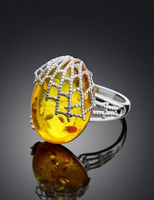 Красивое кольцо из лимонного янтаря в серебре «Паутинка», 806311357