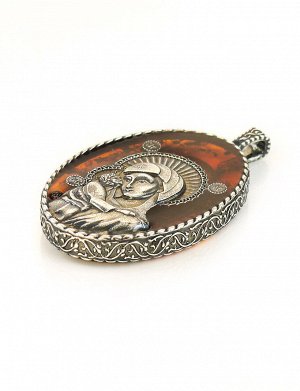«Богоматерь Игоревская». Подвеска-образок из полупрозрачного янтаря коньячного цвета в серебре, 5092212394