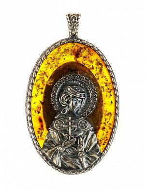 «Святая мученица Надежда». Именная икона из полупрозрачного янтаря коньячного цвета в серебре, 5092212392