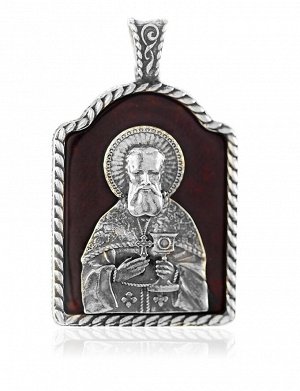 «Святой праведный Иоанн Кронштадтский». Подвеска-образок из янтаря с серебром, 6092202527