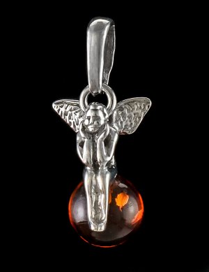 Серебряный кулон с натуральным янтарём коньячного цвета «Ангелок на шаре», 601711302