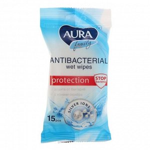Салфетки влажные «Aura Family» c антибактериальным эффектом, МИКС, 15 шт