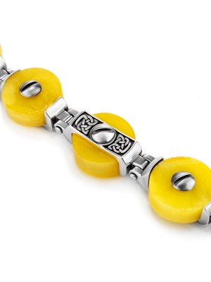 Объёмный мужской браслет из серебра и натурального медового янтаря «Волкодав», 007704362