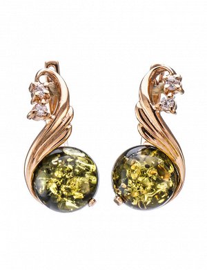 Великолепные золотые серьги с натуральным зелёным янтарём и цирконитами «Лебедь», 606408178