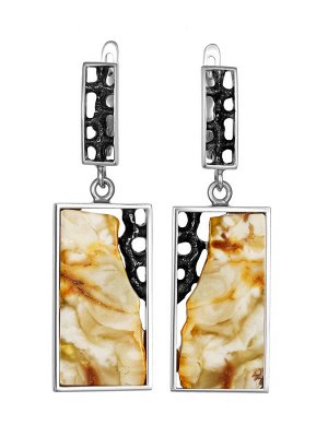 Прямоугольные серьги из серебра со вставками пейзажного янтаря «Модерн», 006506257