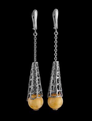 Необычные ажурные серьги из серебра и янтаря «Паутинка», 806507163