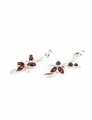 Серьги с натуральным янтарем красивого вишневого цвета в изысканном серебряном обрамлении «Вербена», 5065211148