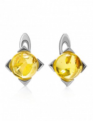 Изящные серебряные серьги с янтарем лимонного цвета «Рондо», 5065210241
