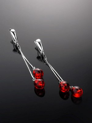Яркие длинные серьги из янтаря красного цвета и серебра «Оливка», 006503249