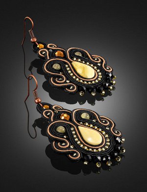 Оригинальные плетёные серьги, украшенные натуральным янтарём «Индия», 908301247