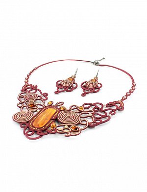 Крупные плетеные серьги с вставками из натурального золотистого янтаря «Индия», 508304482