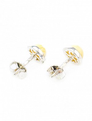 Нежные серебряные серьги-пусеты со вставками из натурального медового янтаря «Ягодки», 608706369