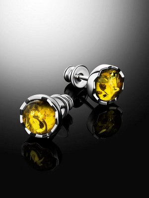 Серьги-гвоздики из серебра и нежно-лимонного янтаря «Камелот»