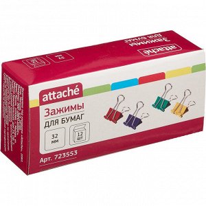 Зажимы для бумаг Attache, 32 мм, 12 шт., цветные, в карт.коробке...