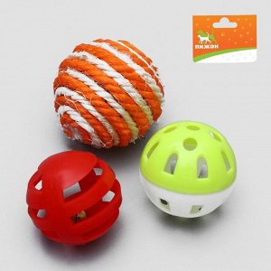 Набор игрушек для кошек: мышь и шарики из сизаля и пластика, микс цветов