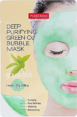 Purederm Deep Purifying Green O2 Bubble Mask Green Tea Увлдажняющая кислородная маска, 20 гр