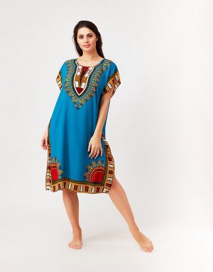 Платье с этническими узорами на декольте нежно-голубое, 378