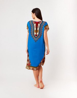 Платье с этническими узорами на декольте темно-голубое, 378
