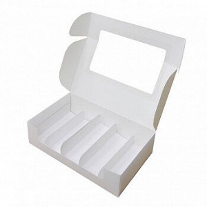 Коробка для эклеров с разделителем Белая с окном, 5 ячеек, 25*15*6,5 см