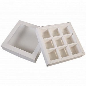 Коробка для 9 конфет с разделителями, белая с окном