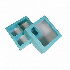 Коробка для 4 конфет с разделителями, Голубая с окном