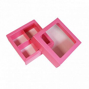 Коробка для 4 конфет с разделителями, Розовая с окном
