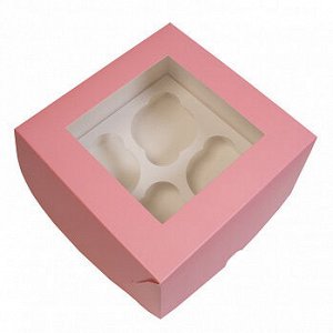 Коробка для 4 капкейков Розовая, с окном