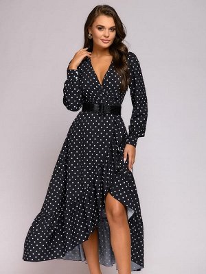 1001 Dress Платье черное в горошек длины макси с имитацией запаха