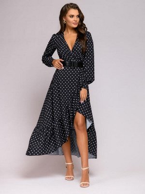 1001 Dress Платье черное в горошек длины макси с имитацией запаха