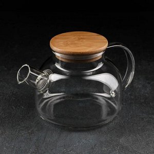 Набор чайный на деревянной подставке «Эко», 6 предметов: чайник стеклянный заварочный 1,1 л, 5 кружек 120 мл