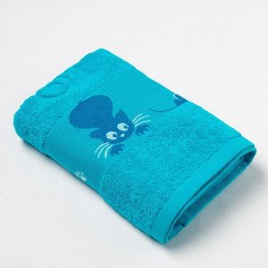 Полотенце махровое с бордюром «Кошки» цвет бирюзовый, 50х90см